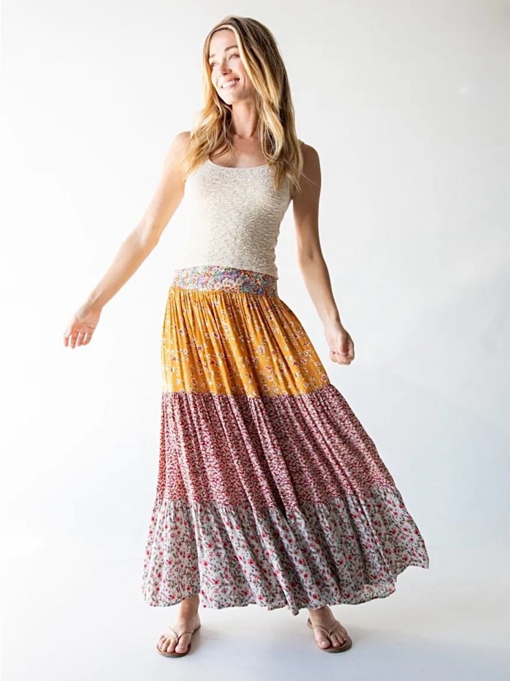 NATURAL LIFE Hanna Convertible Mustard and Pink Boho Tiered Maxi Skirt